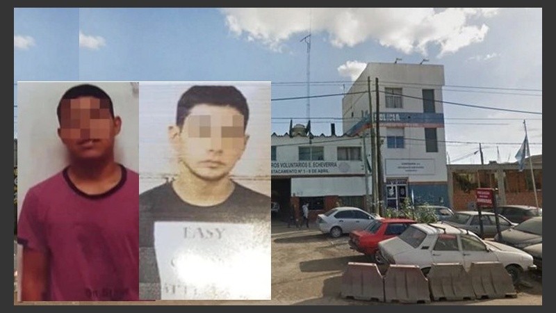 El frente de la comisaría y dos de los presos muertos.