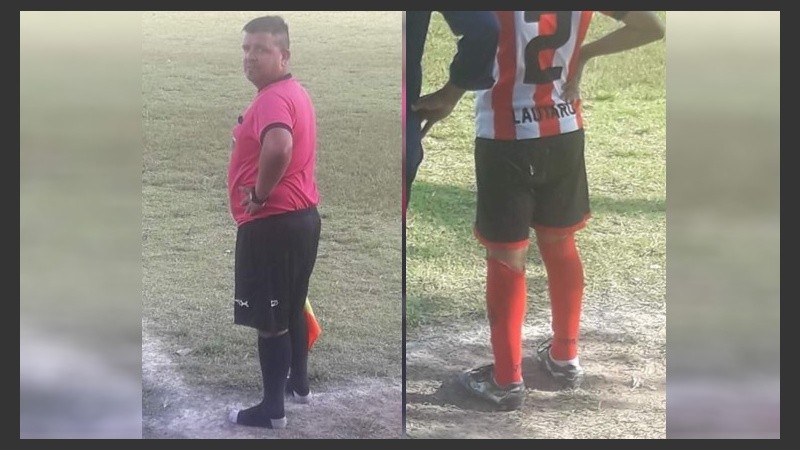 Lautaro a punto de entrar con los botines del línea, que se quedó en medias. 