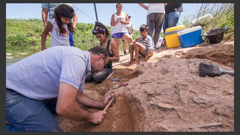 Los trabajos de excavación en Arroyo Seco. El hallazgo revolucionó a grandes y chicos en la región. 