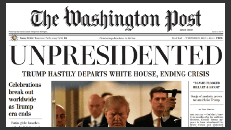 El encabezado de la edición falsa de The Washington Post.
