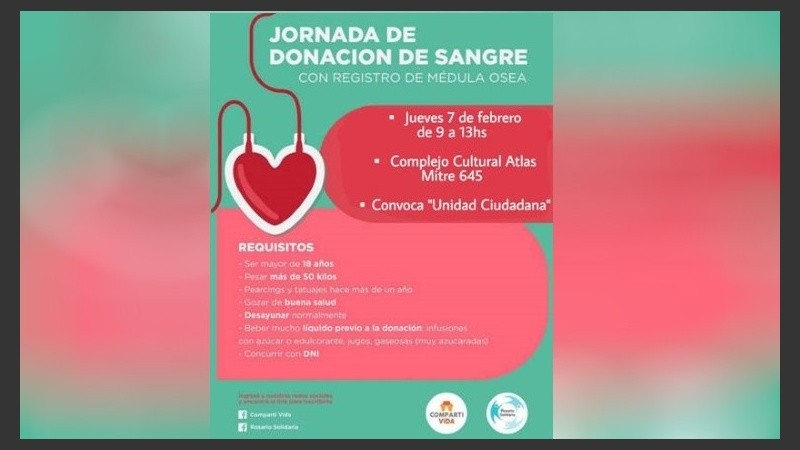 Los interesados deberán desayunar normalmente, beber mucho líquido previo a la donación y concurrir con DNI.