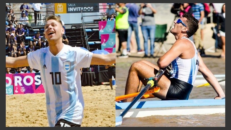 Ponzetti festeja su gol en fútbol y Pacheco su medalla en remo.