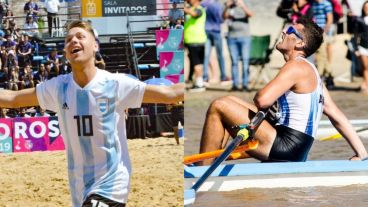 Ponzetti festeja su gol en fútbol y Pacheco su medalla en remo.