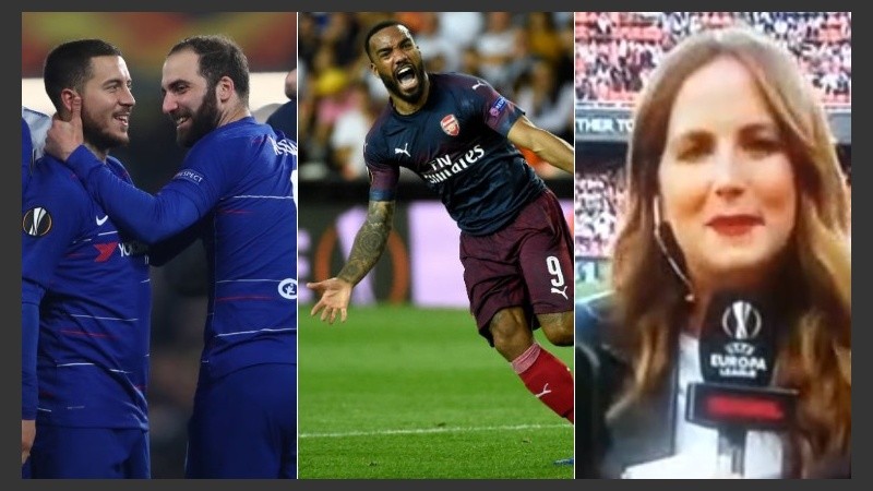 Chelsea, Arsenal y la cronista que recibió el pelotazo. 