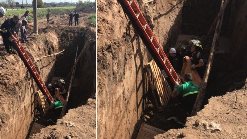 Tras el derrumbe, el obrero quedó a unos tres metros de profundidad.