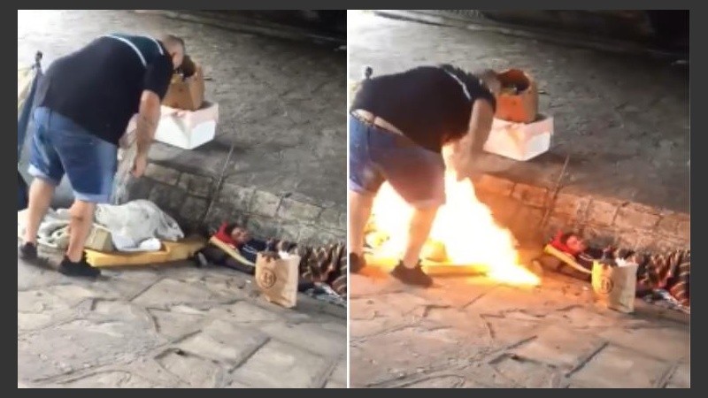 El momento en que el hombre arroja un líquido inflamable y enciende el fuego. 