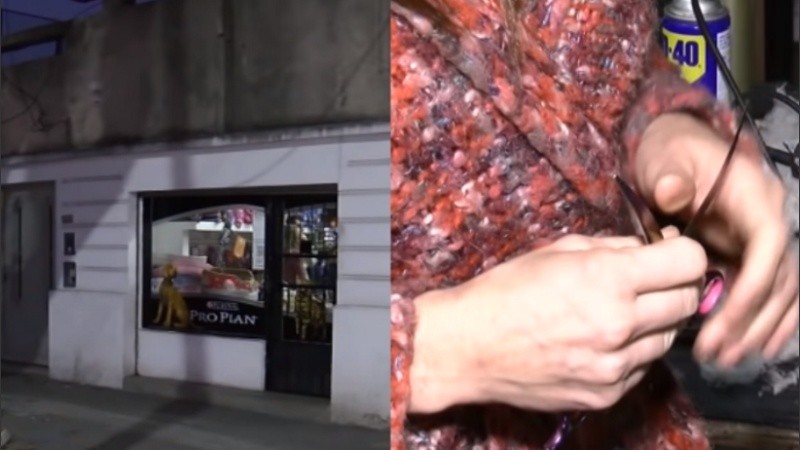 La veterinaria donde ocurrió el intento de abuso y las tijeras con las que la mujer pudo defenderse.