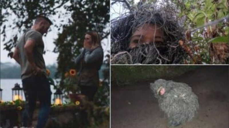 La improvisada actriz se camufló como un arbusto y preparó la cámara. 