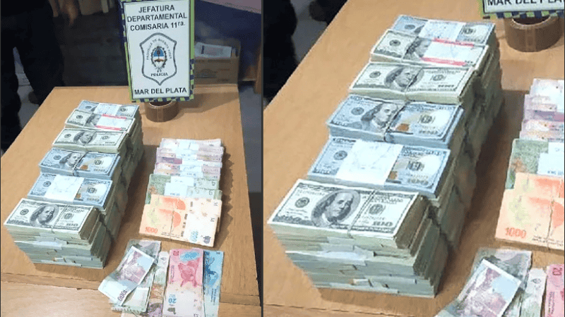 La pila de dólares y pesos hallada quedó en manos de la fiscalía de Mar del Plata.