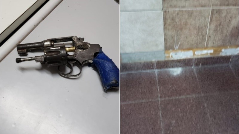El arma secuestrada en la mochila del chico y el lugar donde impactó la bala. 