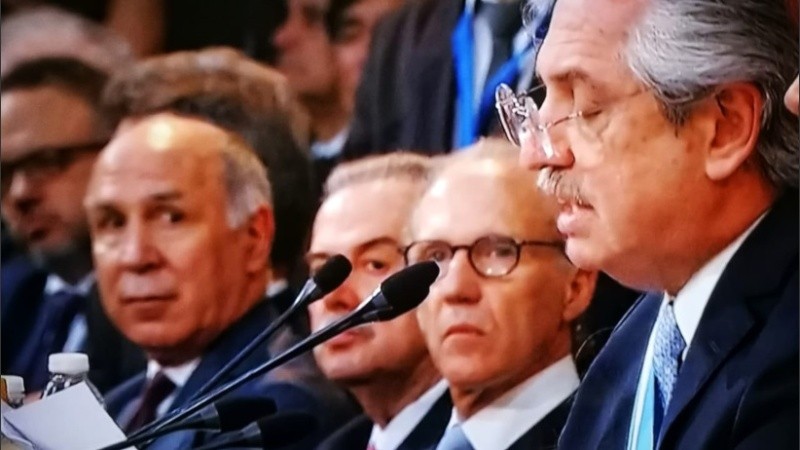 Los jueces de la Corte Suprema escuchando el mensaje de Alberto sobre la reforma de la Justicia. 