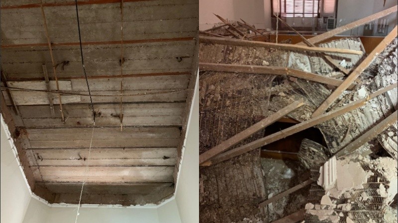 Algunas imágenes de la caída de la mampostería del techo en Casa de Gobierno.