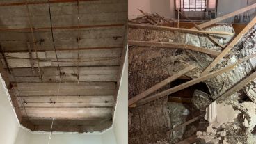 Algunas imágenes de la caída de la mampostería del techo en Casa de Gobierno.