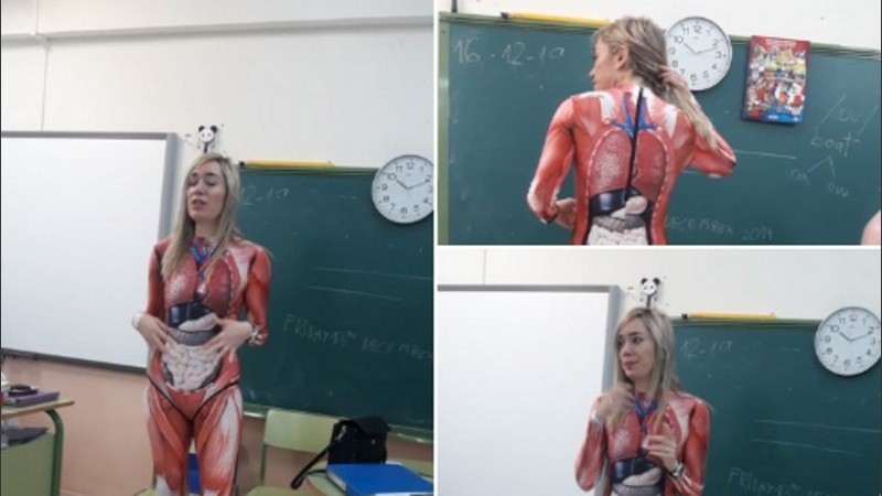 Vero en plena clase disfrazada de cuerpo humano. 