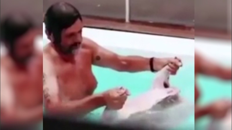 El empresario Federico Álvarez Castillo retira el cordero de la pileta. 