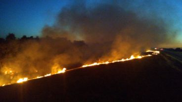 El fuego consumía pastos muy cerca de la ruta que lleva a Victoria.