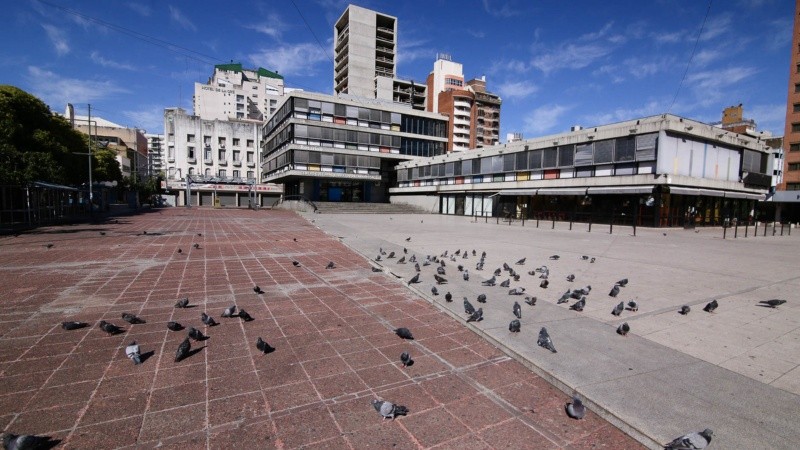 Plaza Montenegro vacía y las palomas esperando por comida. 