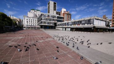 Plaza Montenegro vacía y las palomas esperando por comida.