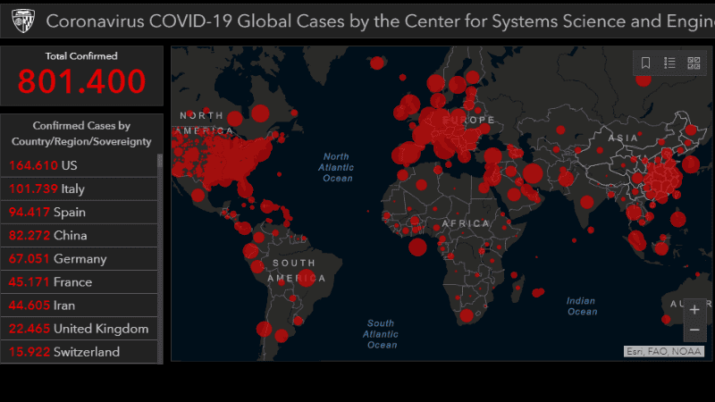El mapa actualizado en tiempo real por la universidad Johns Hopkins.