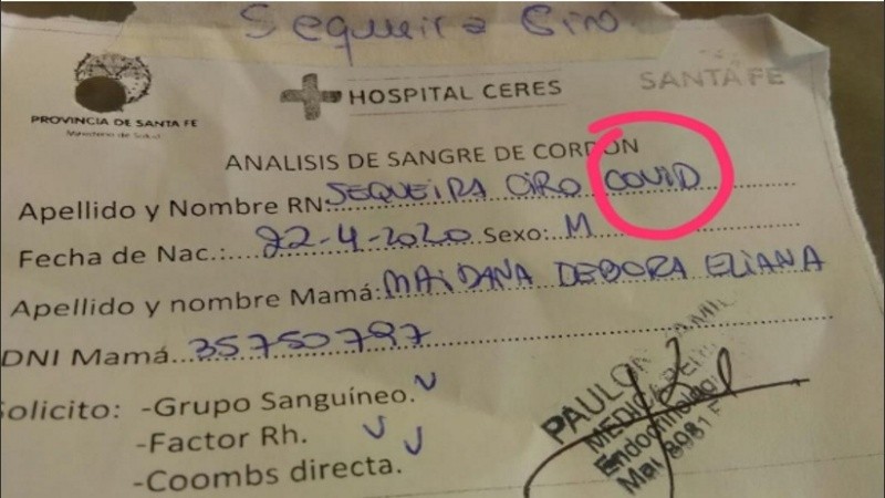 El certificado del hospital de Ceres donde consta el nombre del bebé.