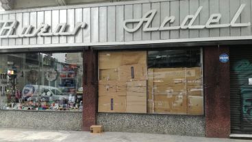 La vidriera rota por un piedrazo durante la madrugada.