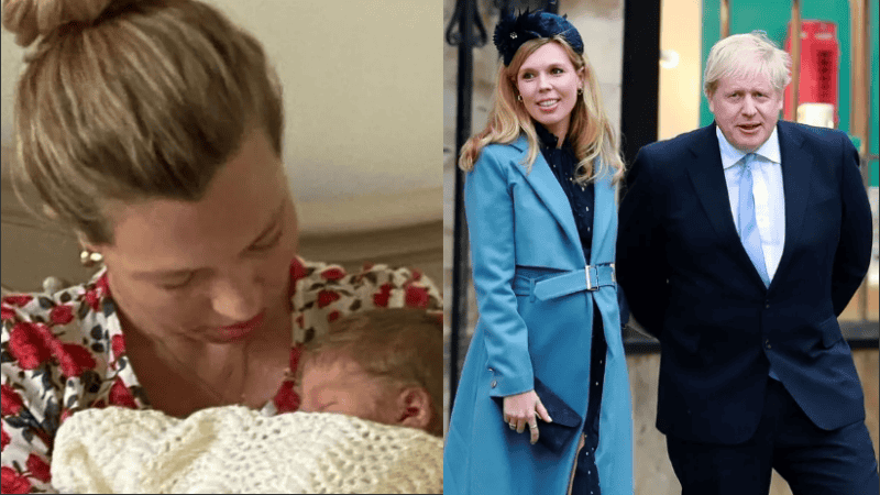 Carrie Symonds con su hijo y con el padre, Boris Johnson.