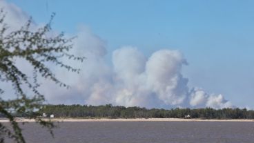 Los focos de incendio levantan densas columnas de humo que cruza el río.