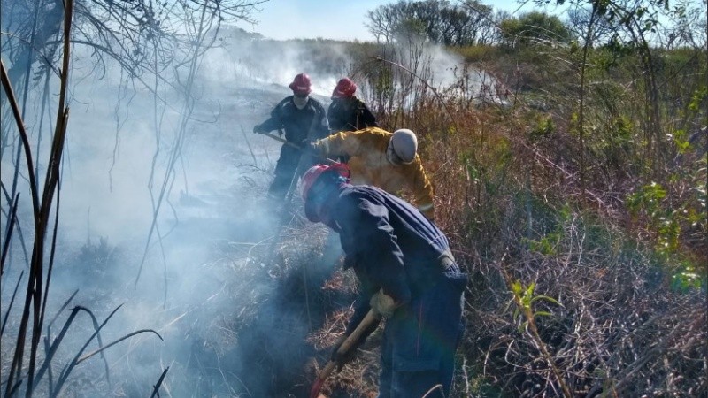 Cuerpo a cuerpo, los bomberos cruzan el fuego surcando la tierra. 