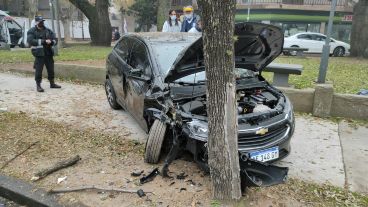 Así quedó el auto, abrazado a un árbol de la vereda.