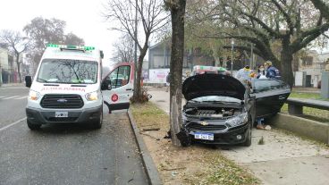 Así quedó el auto, abrazado a un árbol de la vereda.