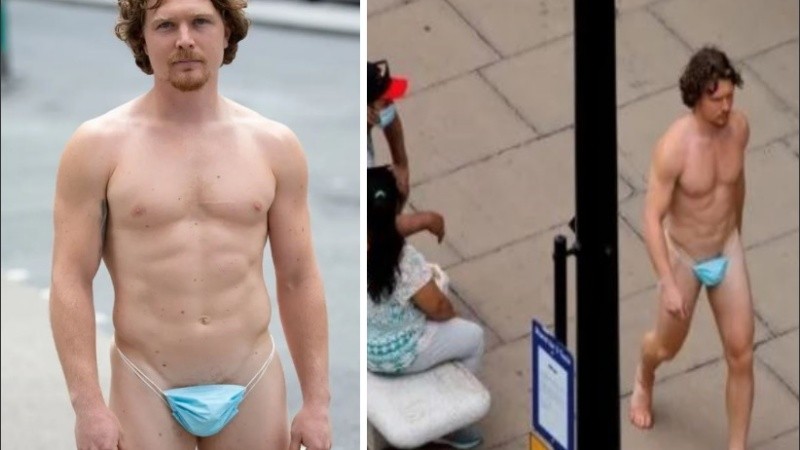 El hombre salió a la calle sólo cubierto por un barbijo puesto en sus genitales. 