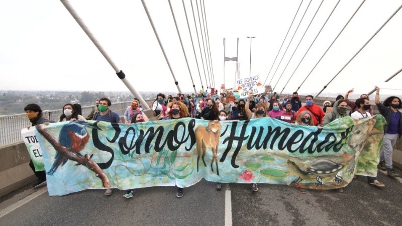 El reclamo de ambientalistas por la Ley de Humedales del puente Rosario-Victoria.