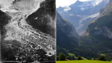 Vista del glaciar inferior de Grindelwald en 1865 y 2019, Suiza