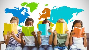 Composite image of children reading books at park