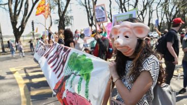 Los manifestantes cerca del lugar en el que hablaría Alberto Fernández.