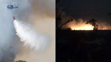 Las llamas de este miércoles a la noche y el trabajo de brigadistas durante la jornada.