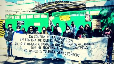 Los activistas de Verdad Animal en el frente del frigorífico.