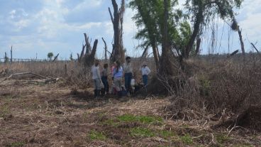 Tras ocho horas de trabajo bajo el sol, el equipo busca una sombra en el humedal seco.