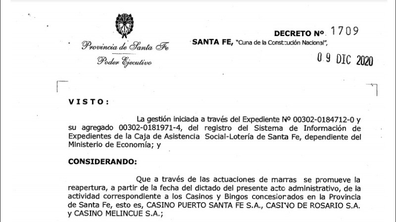 El decreto provincial, con fecha de este miércoles.