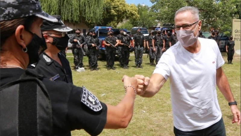 El ministro Saín este viernes en la actividad con jefes y efectivos de la Policía en Rosario. 