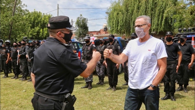 El ministro Saín este viernes en la actividad con jefes y efectivos de la Policía en Rosario. 