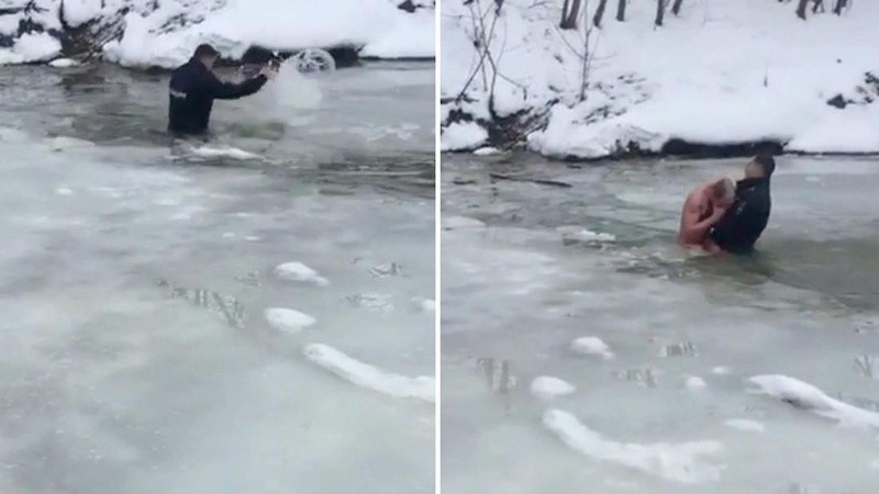 Para rescatar al hombre, el agente utilizó sus manos para romper el hielo.