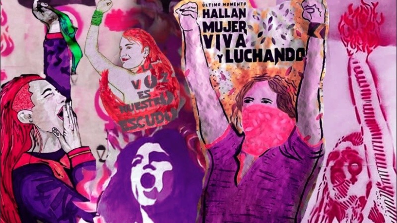 Collage conformado por fotos de las obras realizadas en el Taller de artivismo gráfico ¡FUEGA!, coordinado por Dinamita, con asistencia de Claudio Giménez, en el marco del #25N del año 2019