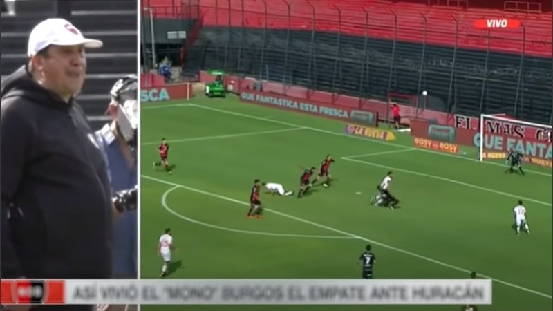 Germán Burgos fue protagonista en el final del partido y quiso confundir al delantero de Huracán.