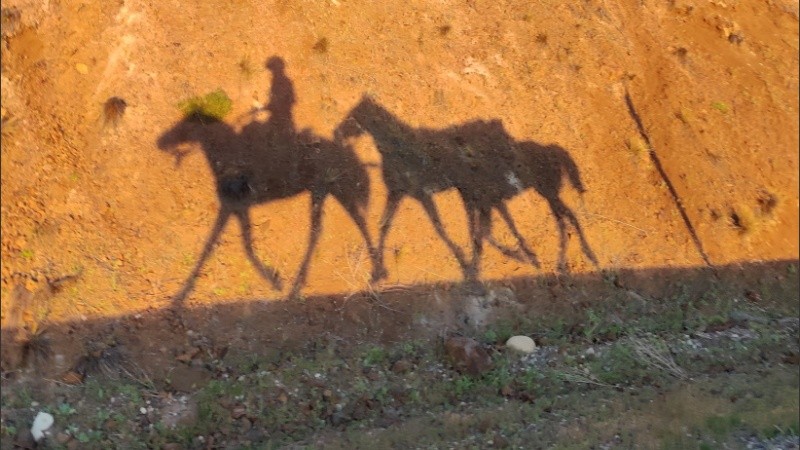 La sombra de Villu y sus caballos, reflejada en la montaña