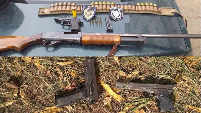 Las armas secuestradas en Rosario (arriba) y las de Villa Gobernador Gálvez (abajo).