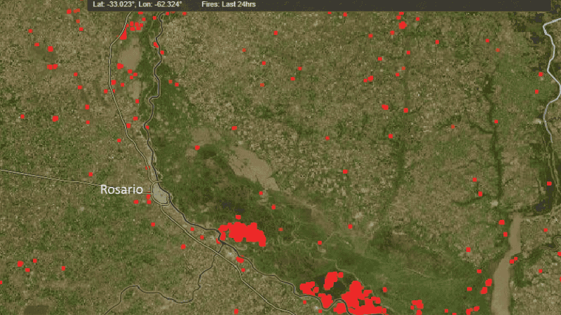 Imagen satelital de los focos al sur y al norte de Rosario de la última semana.