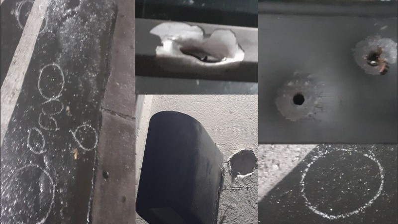 Las marcas de las balas en el frente de la sede de Empleados de Comercio. 