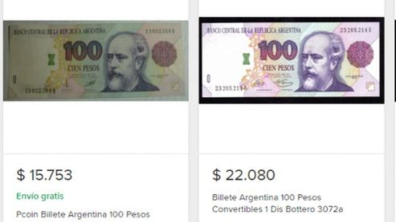 En Mercado Libre se pueden encontrar ofertas de ventas del billete de $100 con la imagen de Julio Argentino Roca a un precio base de $ 2467 hasta $ 22.425.