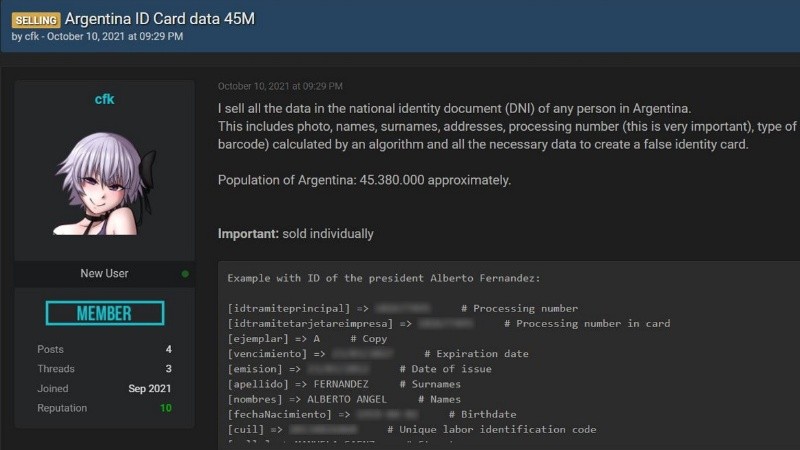 Así ofrecían a la venta la información del Renaper